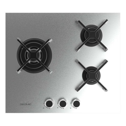 Placa de Gas 3 Fuegos 6,2kW Acero Inoxidable con Parrillas Hierro Fundido y Quemador WOK Triple Corona