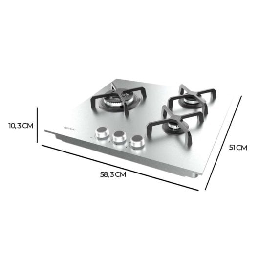 Placa de Gas 3 Fuegos 6,2kW Acero Inoxidable con Parrillas Hierro Fundido y Quemador WOK Triple Corona