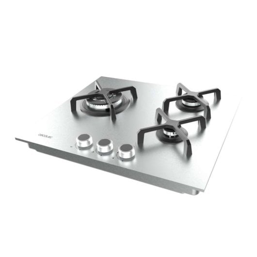 Placa de Gas 3 Fuegos 6,2kW Acero Inoxidable con Parrillas Hierro Fundido y Quemador WOK Triple Corona