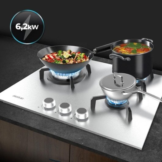 Placa de Gas 3 Fuegos 6,2kW Acero Inoxidable con Parrillas Hierro Fundido y Quemador WOK Triple Corona