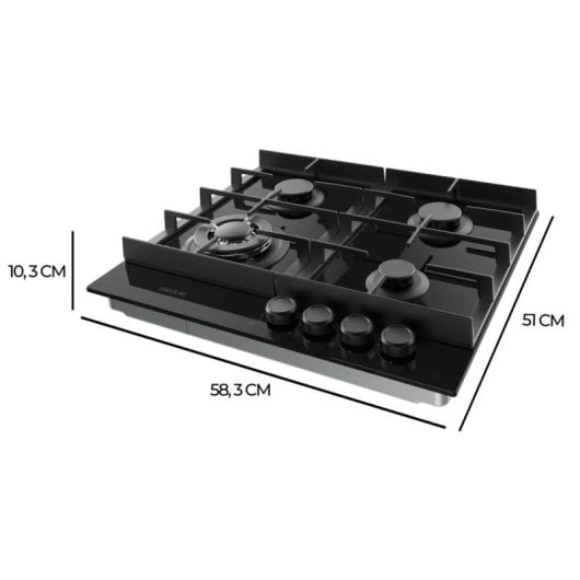 Placa de Gas 4 Fuegos Bolero Squad G 4400F Glass Black 8kW Parrillas Hierro Fundido WOK Triple Corona Encendido Electrón