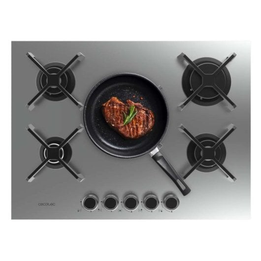 Placa de gas 5 fuegos 10,4kW Acero Inoxidable Parrilla Hierro Fundido Quemador WOK Encendido Electrónico Seguridad
