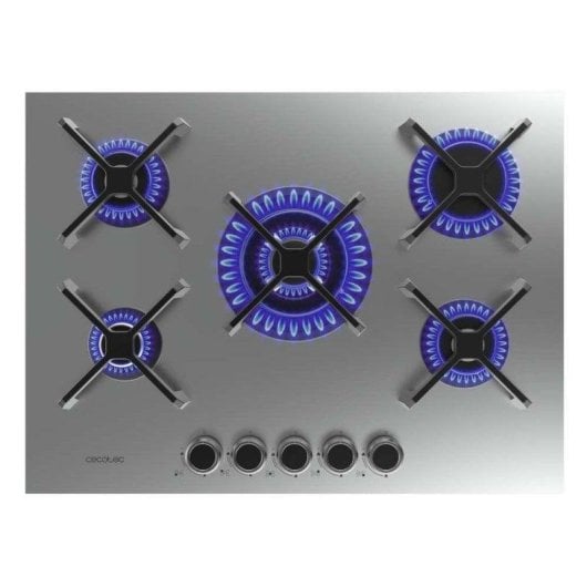 Placa de gas 5 fuegos 10,4kW Acero Inoxidable Parrilla Hierro Fundido Quemador WOK Encendido Electrónico Seguridad