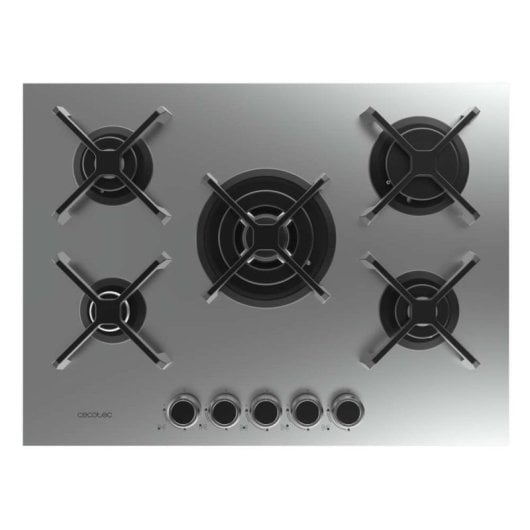 Placa de gas 5 fuegos 10,4kW Acero Inoxidable Parrilla Hierro Fundido Quemador WOK Encendido Electrónico Seguridad