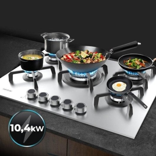 Placa de gas 5 fuegos 10,4kW Acero Inoxidable Parrilla Hierro Fundido Quemador WOK Encendido Electrónico Seguridad