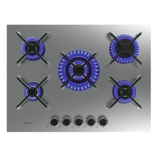 Placa de gas 5 fuegos 10,4kW Acero Inoxidable Parrilla Hierro Fundido Quemador WOK Encendido Electrónico Seguridad