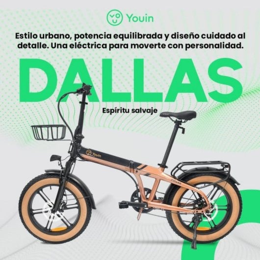 Bicicleta eléctrica YOUIN Dallas BK1650 Fat plegable 250W 60km aluminio suspensión 20"