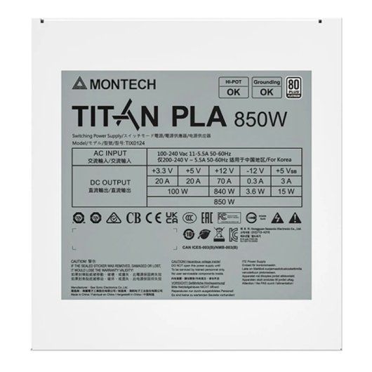 Montech Titan PLA 850W Bloc d'Alimentation Haute Performance Fiabilité Énergétique