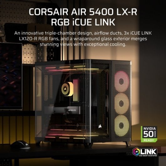 Corsair AIR 5400 LX-R Link RGB Caixa E-ATX com Câmara Tripla e Vidro Temperado Preto