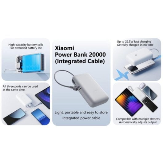 Power bank 20000mAh 22,5W USB-C y USB-A carga rápida, compacto, 3 salidas, 74Wh, 342g
