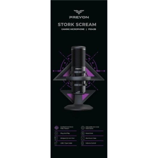 Micrófono PREYON Stork Scream USB cardioide/omnidireccional con shock mount y control de volumen