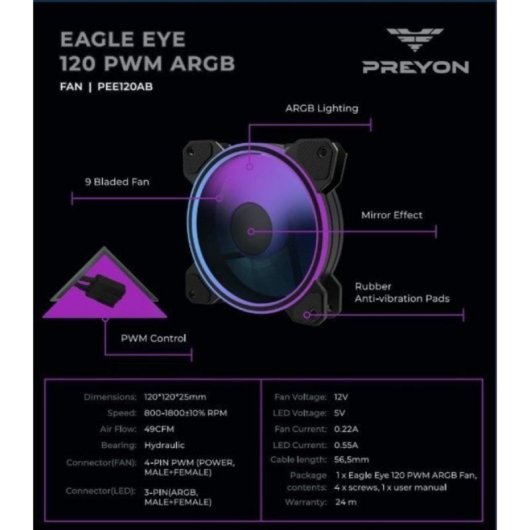 Refrigeración Aire PREYON 120mm Eagle Eye 120 PWM ARGB Efecto Espejo Iluminación ARGB Antivibración