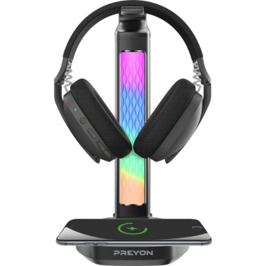 Soporte para auriculares gaming con RGB, cargador inalámbrico, hub USB (2x USB-A, 2x USB-C), aluminio