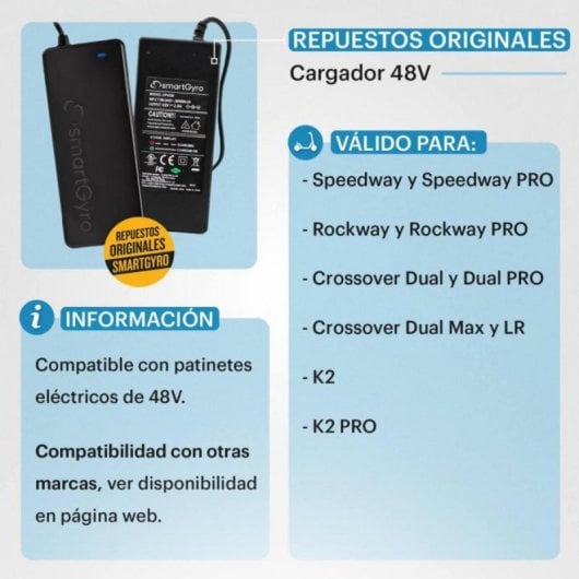 Cargador Negro para Patinete Eléctrico SmartGyro K2, K2 Pro, e-Xplorer, Speedway, RockWay, Crossover, Ryder y Raptor EVO