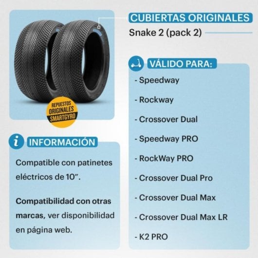 Cubierta Tubeless 10'' para patinete eléctrico Smartgyro Speedway Rockway Crossover urbana antideslizante