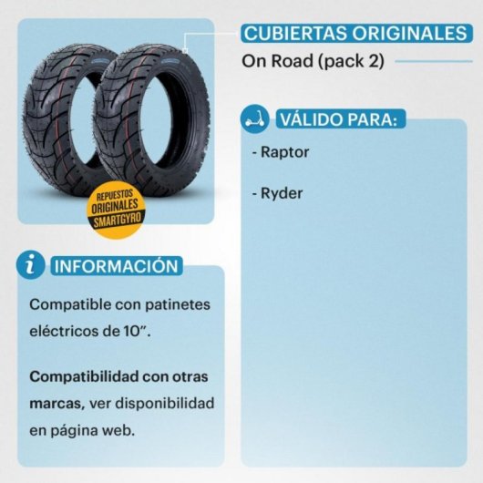 Cubierta All-Road de Caucho para Patinete Eléctrico smartGyro Raptor y Ryder, Serie 2BD/3A3/3B3/SRAA/SRAB/SRAP 10"