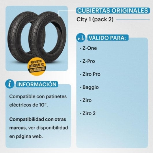 Cubierta CITY 1 para patinetes Z-ONE, Z-PRO, ZIRO, ZIRO 2, ZIRO PRO y BAGGIO 10, urbana, caucho resistente
