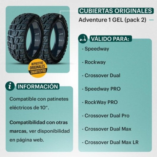Cubierta Tubeless antipinchazos gel 10x2.70 para patinete smartGyro Speedway Rockway Crossover Allroad tacos