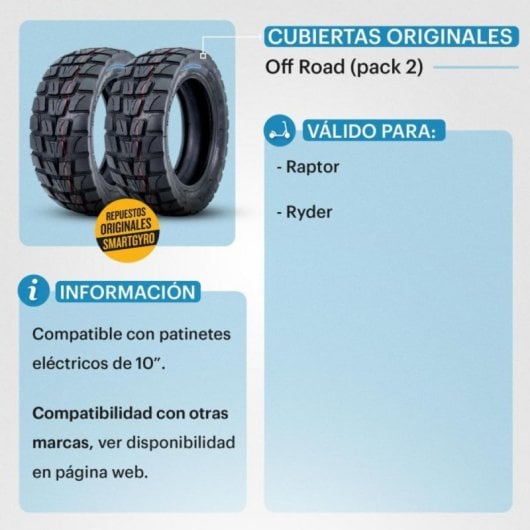 Cubierta Off-Road para Patinete Eléctrico Raptor y Ryder, 10" con Tacos, Caucho Reforzado