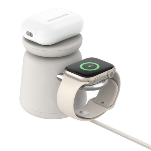 Cargador inalámbrico Belkin MagSafe 15W 2 en 1 Belkin Pro, carga rápida, USB, color arena, compatible auriculares y smar