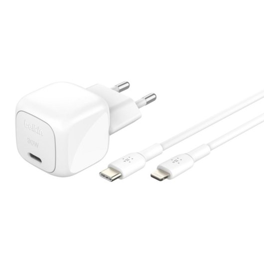 Cargador de pared Belkin USB-C 30W con Power Delivery 3.1, cable USB-C a Lightning, blanco, carga rápida