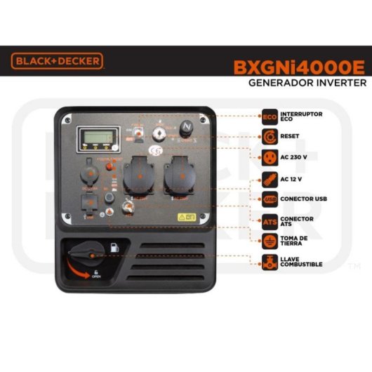 Gerador Elétrico Inverter Gasolina 3900W Black and Decker, Arranque Elétrico/Manual, USB, DC 12V, ATS, Silencioso, Portátil com Rodas