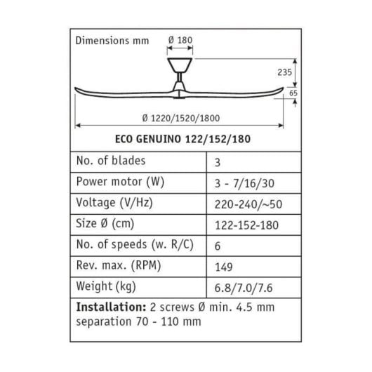 Ventilador de teto CasaFan ECO GENUINO-L 152 cm motor DC comando branco/cromado