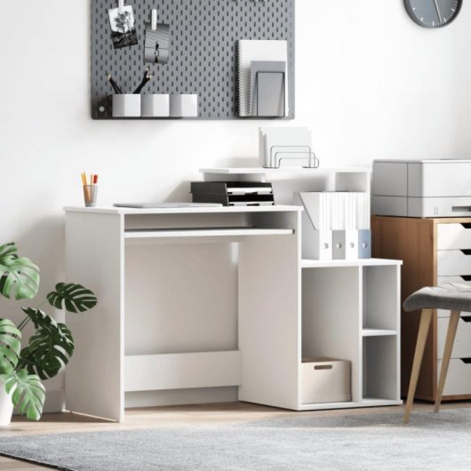 Escritorio Magali Blanco MDF Reversible 2 en 1 con Estantes, Bandeja y Mueble Auxiliar
