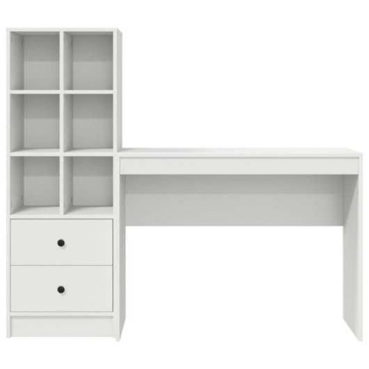 Escritorio Monstera blanco 2 en 1 con estantería modular, madera de ingeniería, compacto