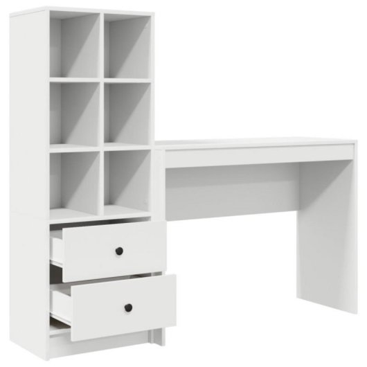 Escritorio Monstera blanco 2 en 1 con estantería modular, madera de ingeniería, compacto