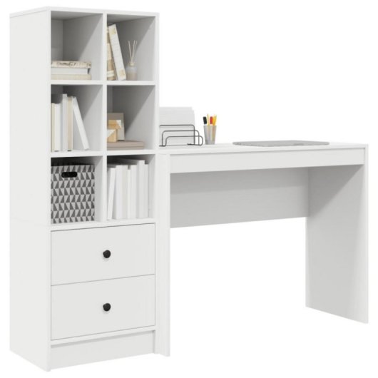 Escritorio Monstera blanco 2 en 1 con estantería modular, madera de ingeniería, compacto