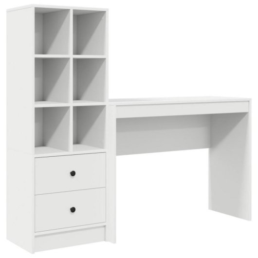 Escritorio Monstera blanco 2 en 1 con estantería modular, madera de ingeniería, compacto