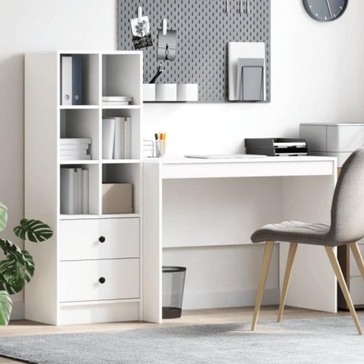 Escritorio compacto Monstera blanco mate con estantería modular, 2 cajones y 6 compartimentos