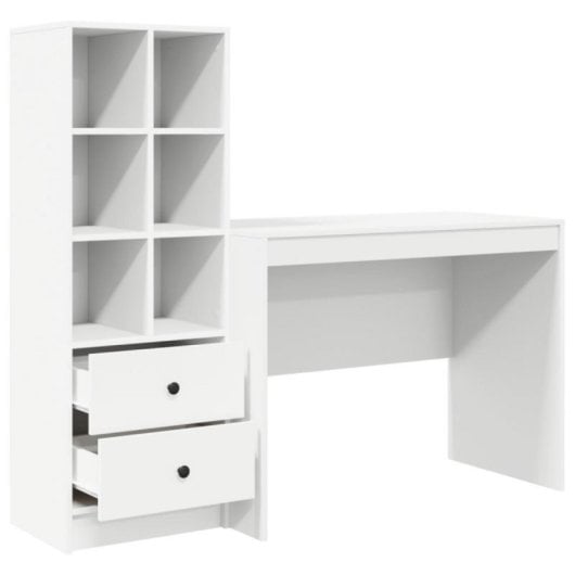 Escritorio compacto Monstera blanco mate con estantería modular, 2 cajones y 6 compartimentos