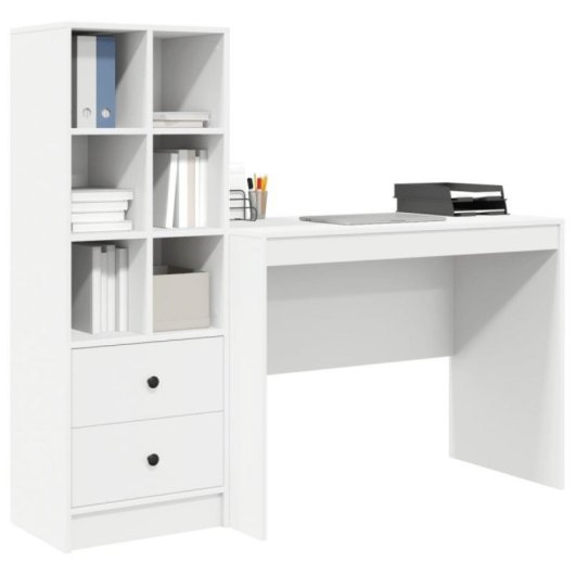 Escritorio compacto Monstera blanco mate con estantería modular, 2 cajones y 6 compartimentos