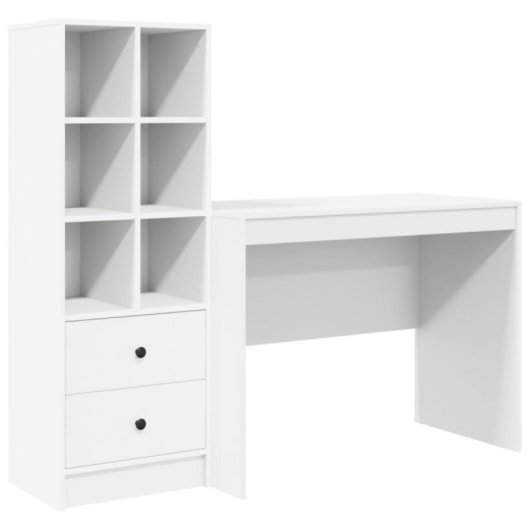 Escritorio compacto Monstera blanco mate con estantería modular, 2 cajones y 6 compartimentos