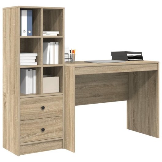 Escritorio Monstera compacto blanco mate con estantería reversible, 6 compartimentos y 2 cajones