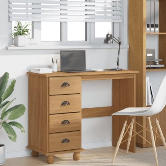 Escritorio Askim madera roble macizo, 4 cajones, acabado mate, diseño clásico, carga 50 kg