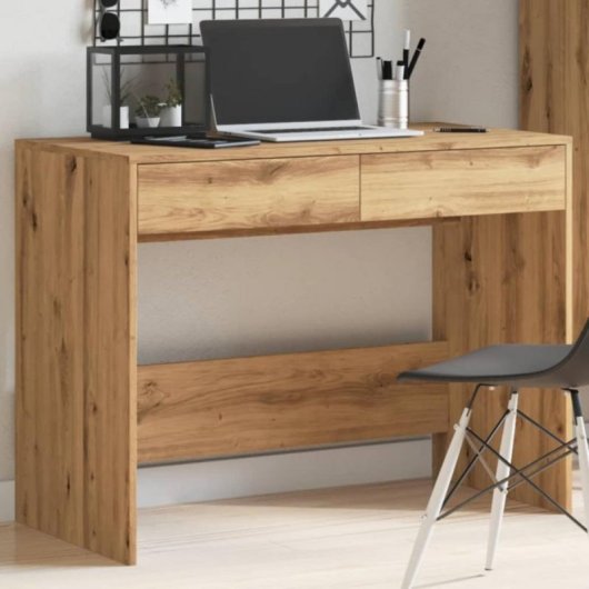 Escritorio Piña madera de ingeniería 2 cajones, compacto, resistente, minimalista, fácil montaje