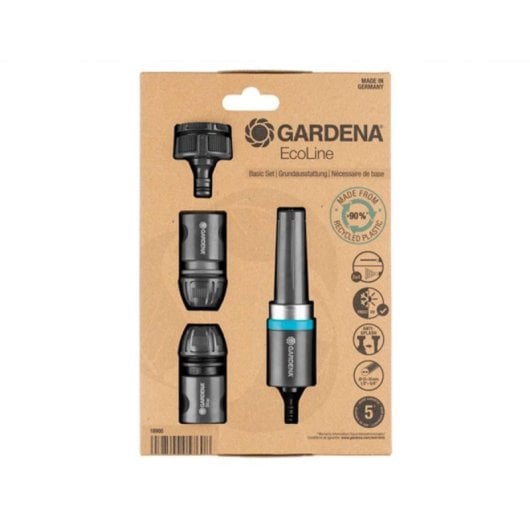 Conjunto accesorios riego Gardena EcoLine 4 piezas, 90% reciclado, acople rápido, 3/4" Negro