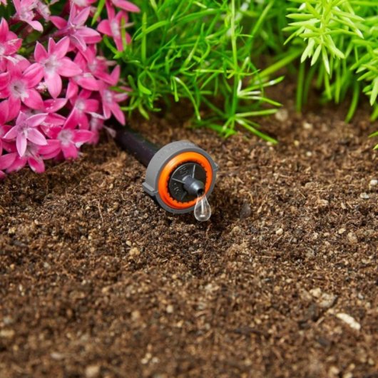 Goteador final autocompensante Gardena Micro-Drip 2 l/h, laberinto autolimpiante, cierre automático, Negro/Gris/Naranja