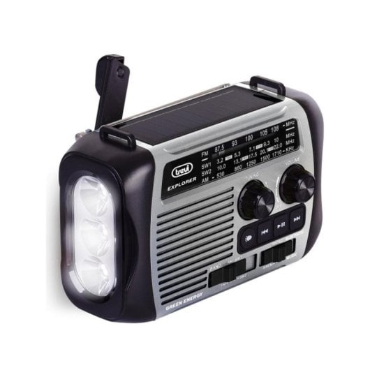 Radio portátil Trevi RA 7F30 BT, AM/FM/SW, batería integrada, carga solar y dinamo, MicroSD, USB, Negro/Gris, Altavoz in