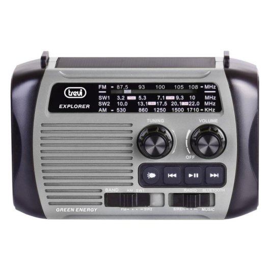 Radio portátil Trevi RA 7F30 BT, AM/FM/SW, batería integrada, carga solar y dinamo, MicroSD, USB, Negro/Gris, Altavoz in