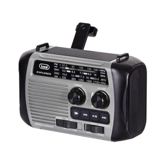 Radio portátil Trevi RA 7F30 BT, AM/FM/SW, batería integrada, carga solar y dinamo, MicroSD, USB, Negro/Gris, Altavoz in