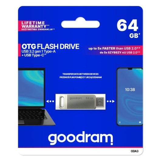 Goodram ODA3 64GB USB 3.2 Gen 1 Type-A/Type-C, 60MB/s, Plata, Metal, Swivel