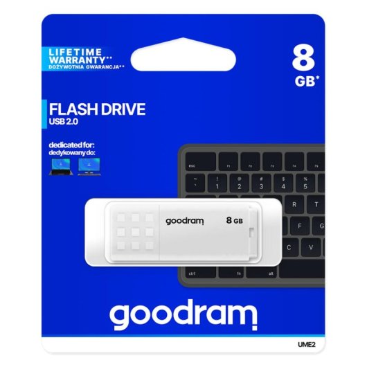 Goodram UME2 8GB USB 2.0 Tipo A, Blanco, Lectura 20MB/s, Escritura 5MB/s, Plástico