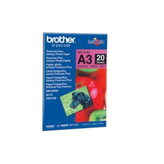 Papel fotográfico Brother Glossy Premium Plus A3, 260g/m², 20 hojas, 265µm, azul/rojo