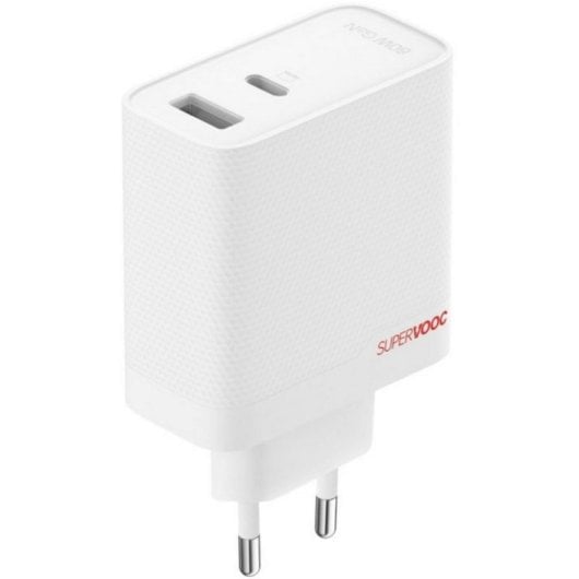 Cargador OnePlus GaN 80W doble puerto USB-C+USB-A carga rápida, compatible PD/SUPERVOOC/QC, Blanco