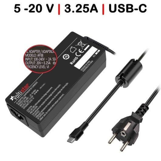 Carregador USB-C multivoltagem para portátil 5V-20V 3,25A 65W preto
