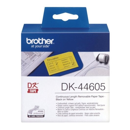 Cinta continua DK44605 texto negro fondo amarillo 62 mm x 30.48 m adhesivo fácil de despegar